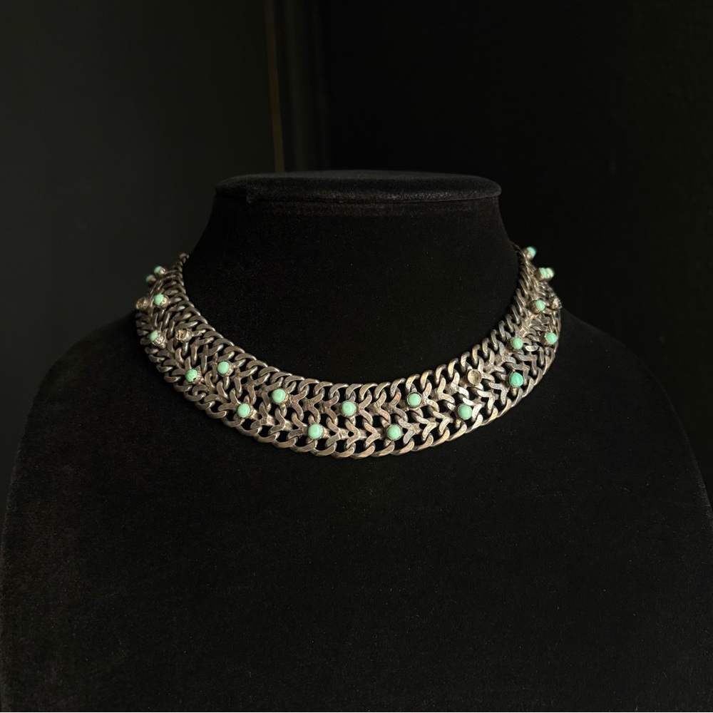 Vintage Sterling Silver Turquoise Chain Mail Bib Necklace